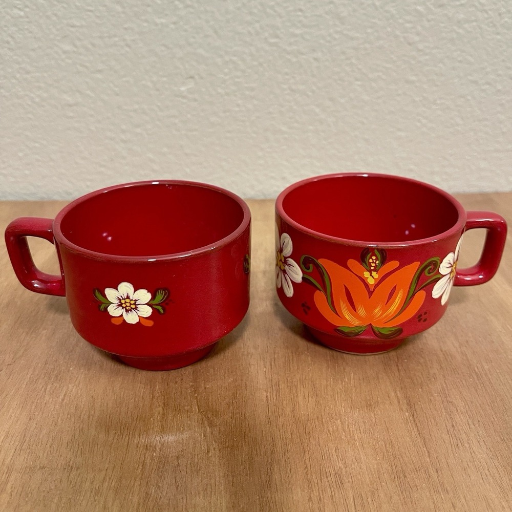 Vintage Winterling Bavaria Germany Tea Cups Red Folk Floral Traditional Set Of 2